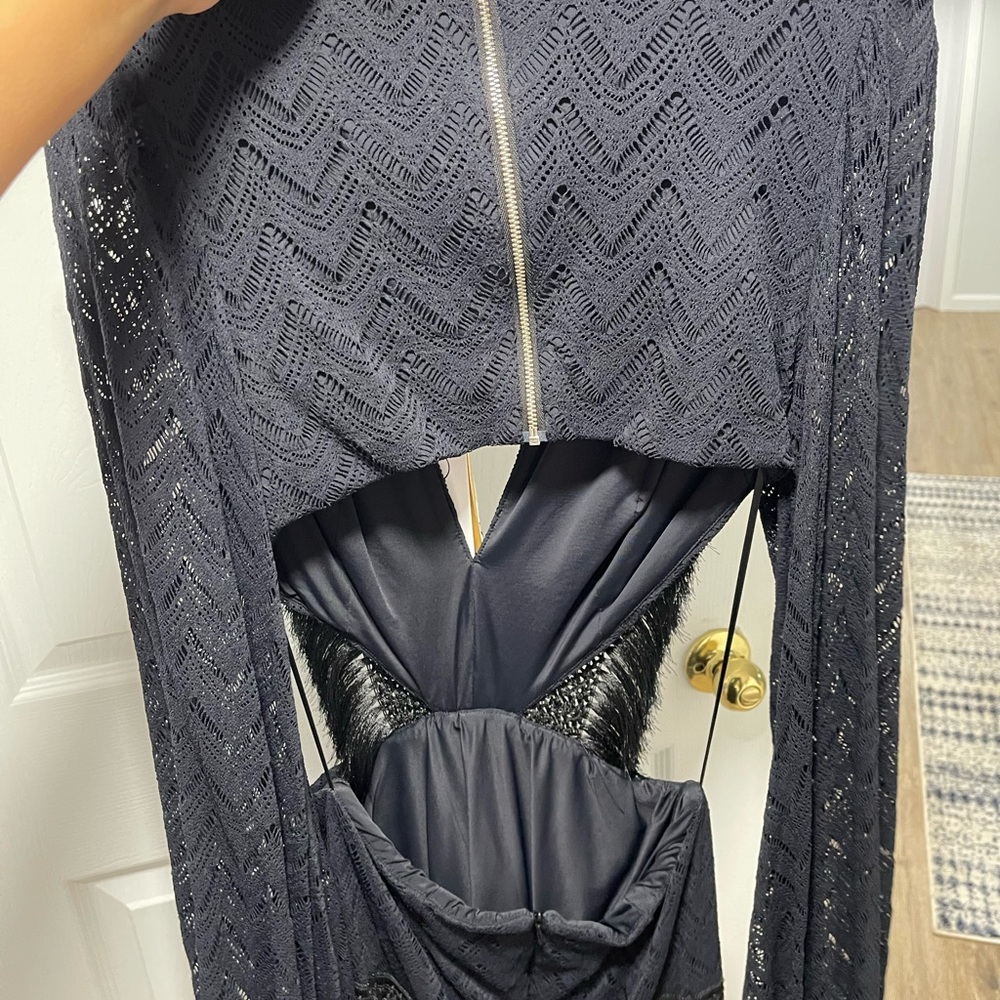 PatBO Black Deep V Long Sleeve Fringe Mini Dress - Picture 4 of 4
